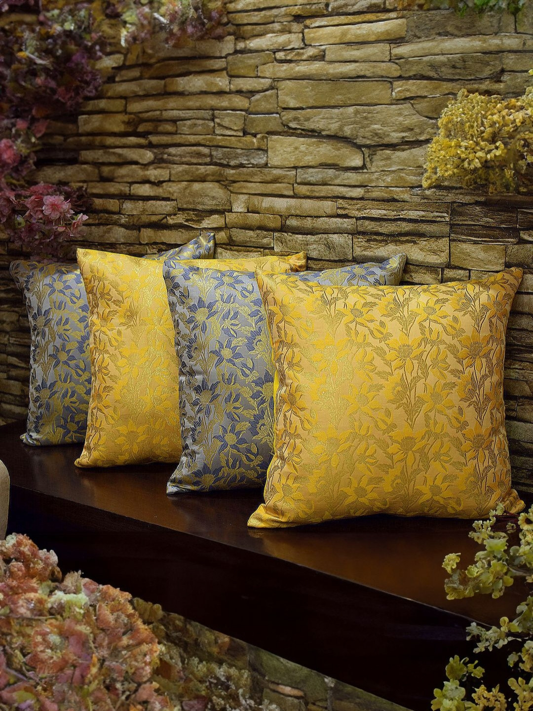 RoyalDeco Bageecha Floral Brocade Washable 4 Pcs Square Cushion Covers - 15.7 x 15.7 In