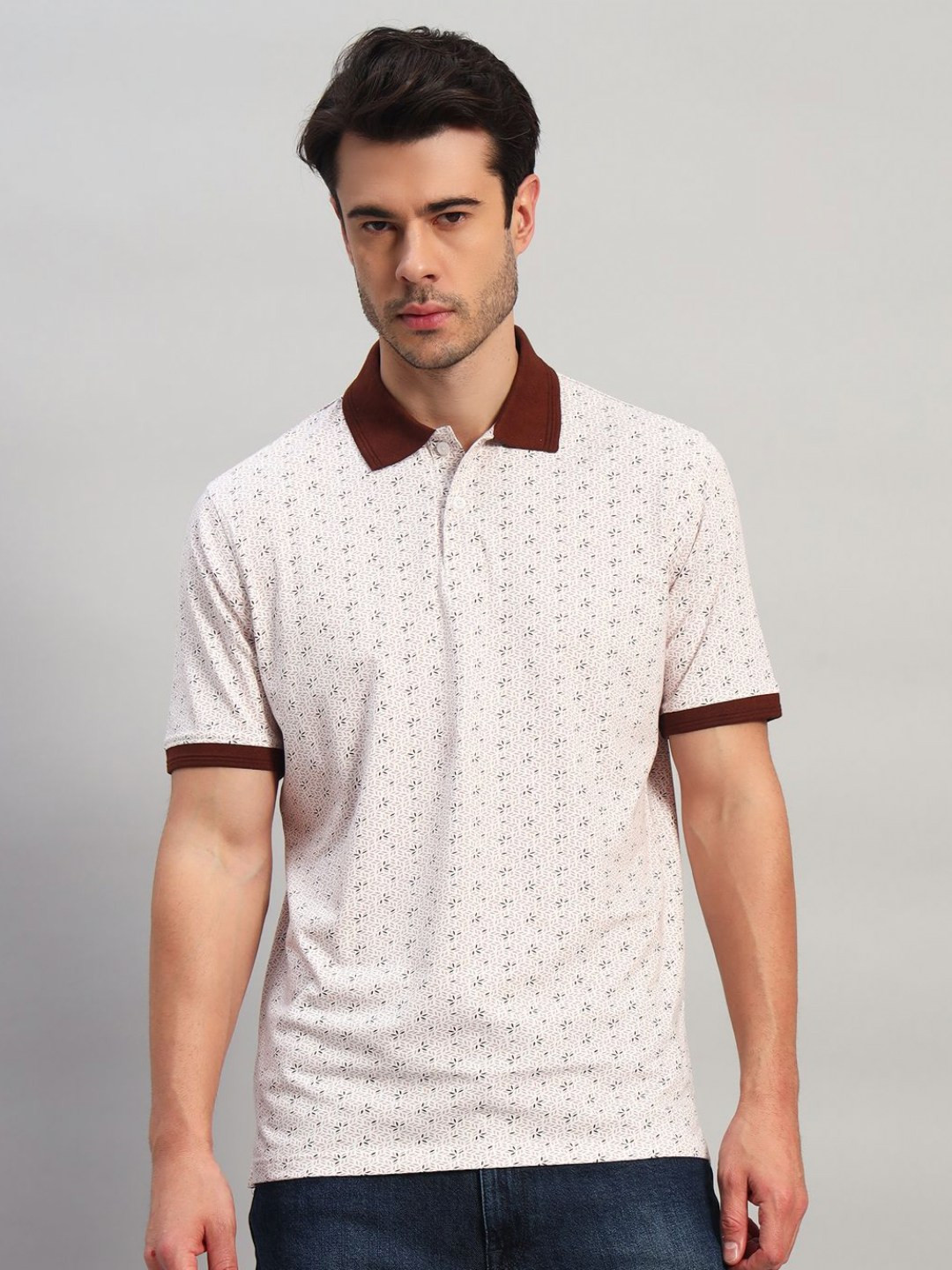 Cantabil Floral Printed Polo Collar Short Sleeves Regular Fit T-shirt