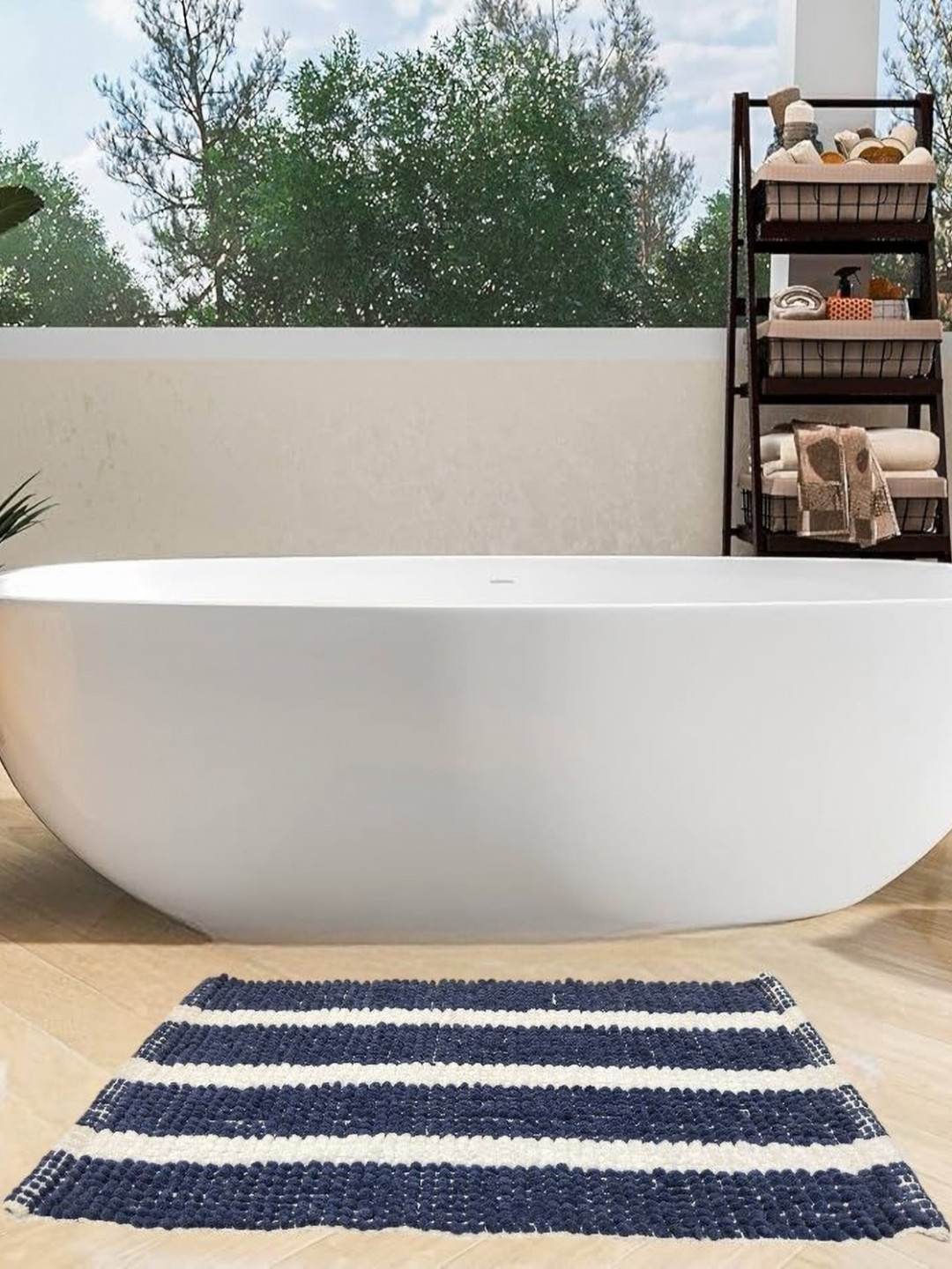Dolce Casa Blue & White Striped Pure Cotton Chenille 100GSM Soft Water Absorbing Bath Rug