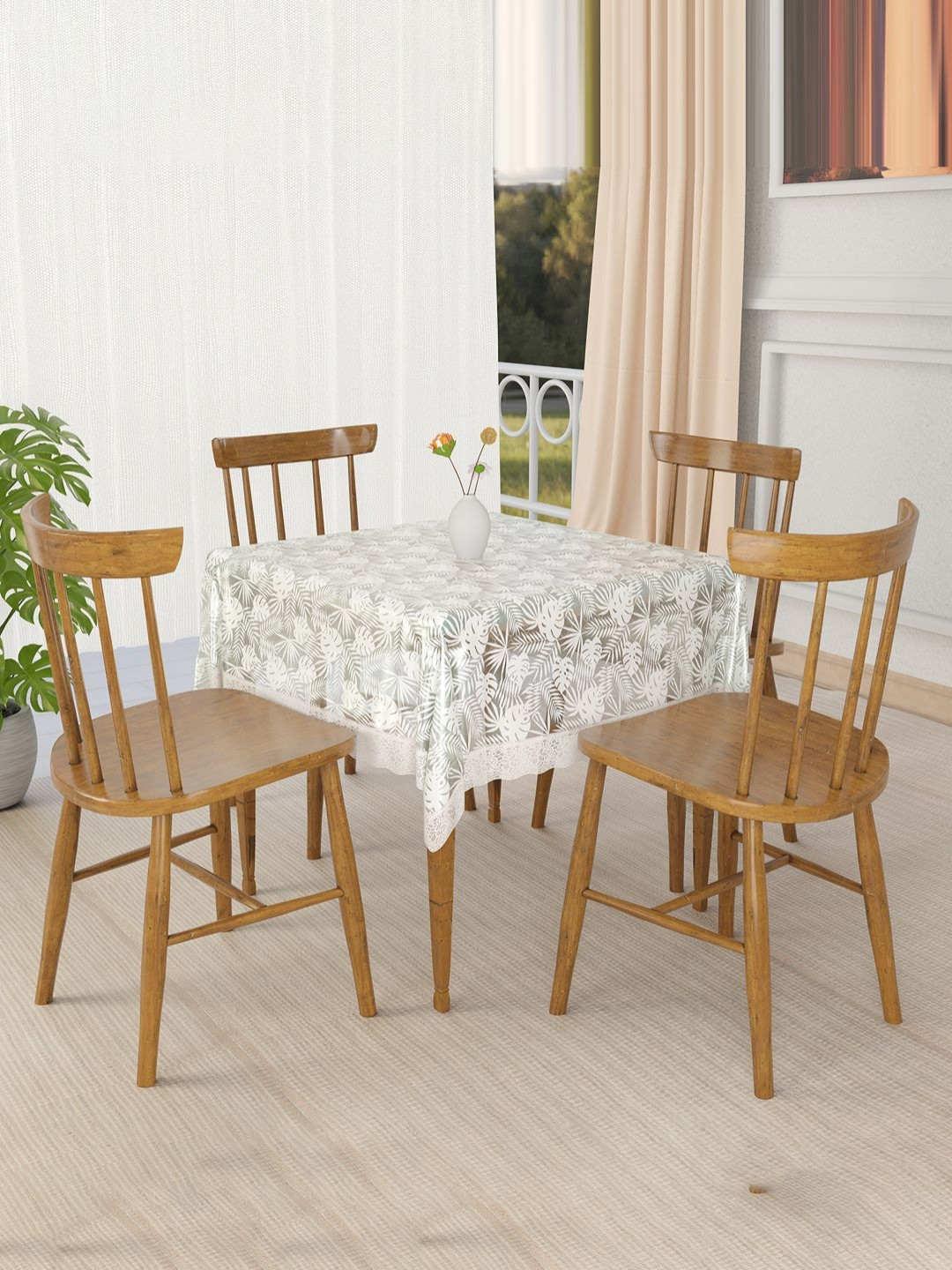 Aura White & Transparent Leaf Printed 4-Seater Table Cover