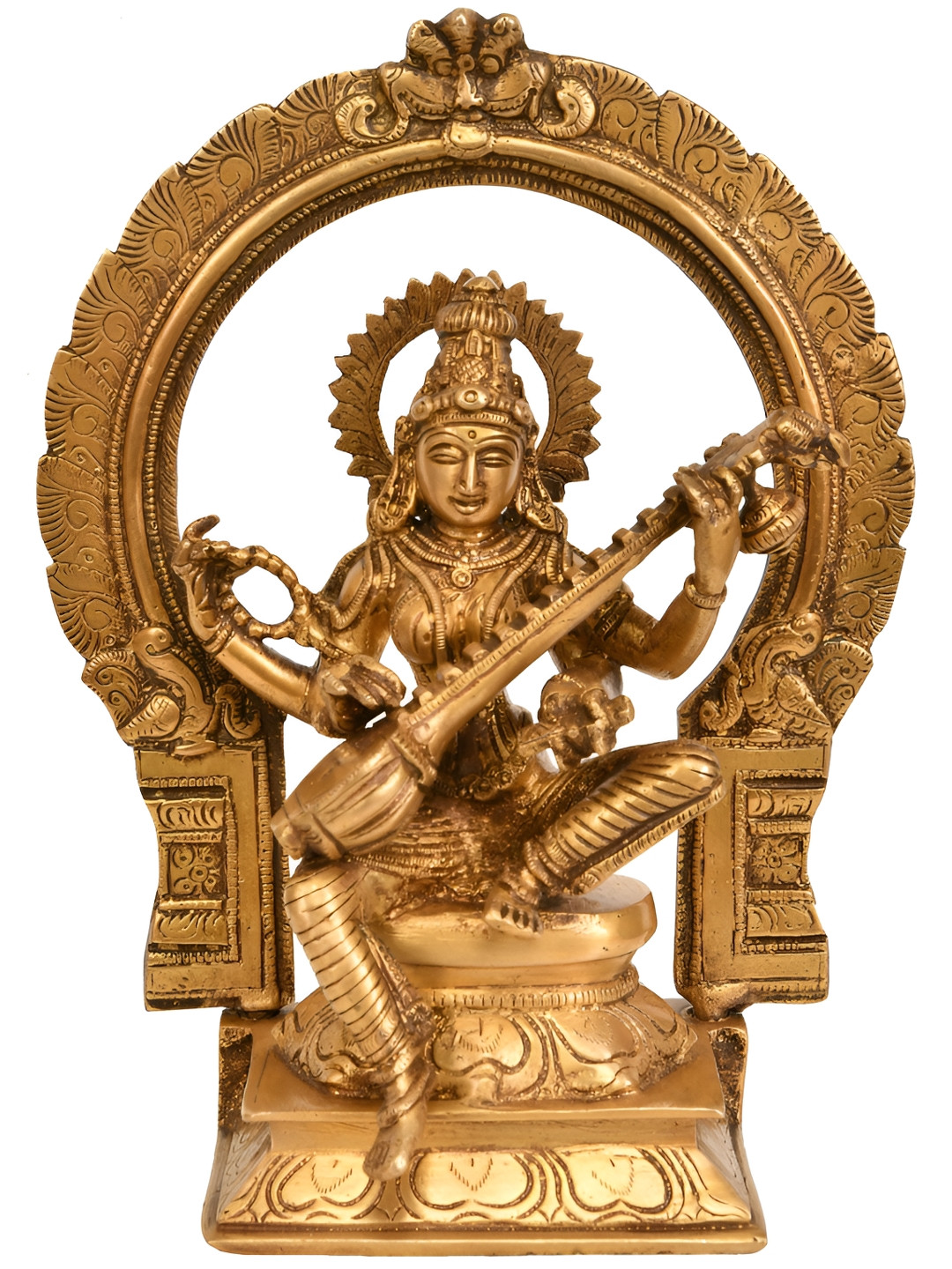 Exotic India Goddess Saraswati Seated On Throne Gold Brass Metallic Prayer Room Hand Made Medium Showpiece - 9.5 Inches
