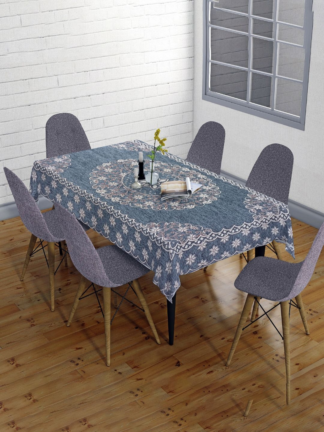 Sun Rise Olive Green And Grey Floral Printed 4-Seater Table Cover