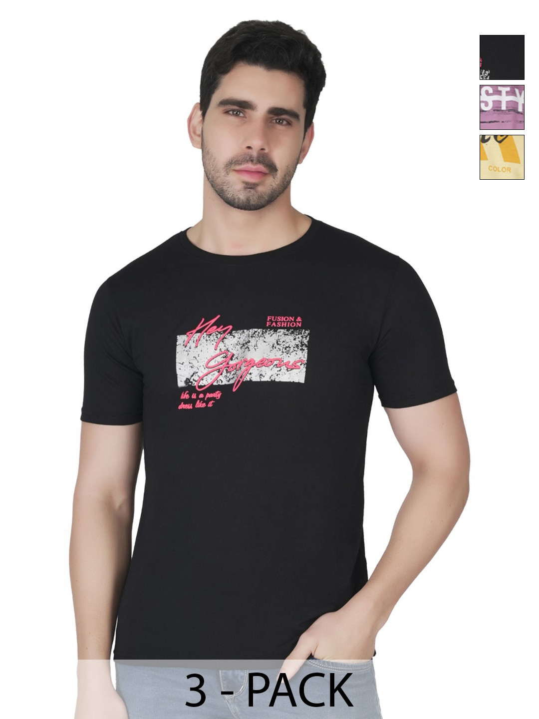 SHAUN Men Pack of 3 Typography Printed Round Neck Slim Fit T-shirts