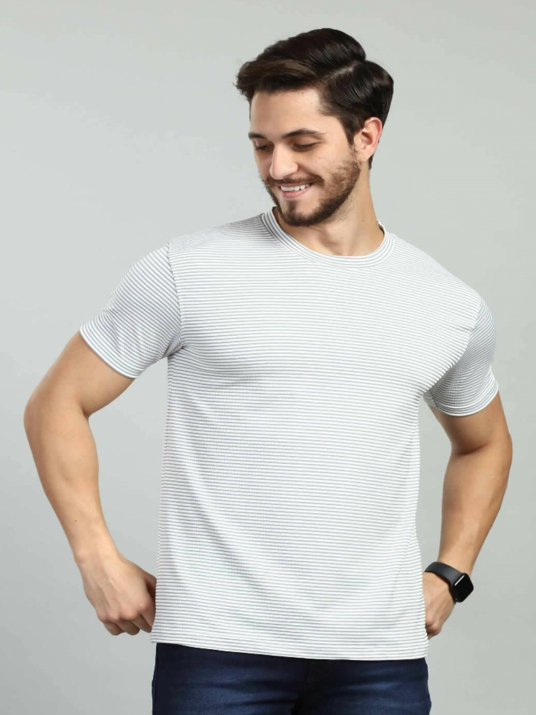 BE POSITIVE Men Self Design Round Neck Slim Fit T-shirt