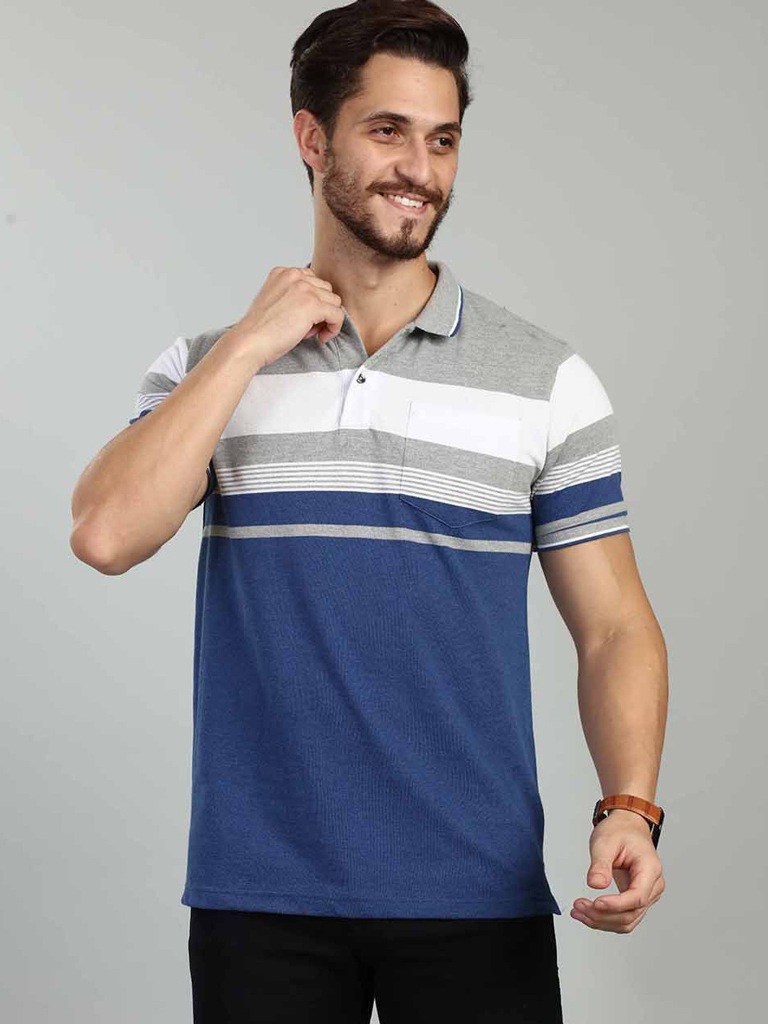 BE POSITIVE Striped Round Neck Polo Collar  Blended Pockets Slim Fit T-shirt