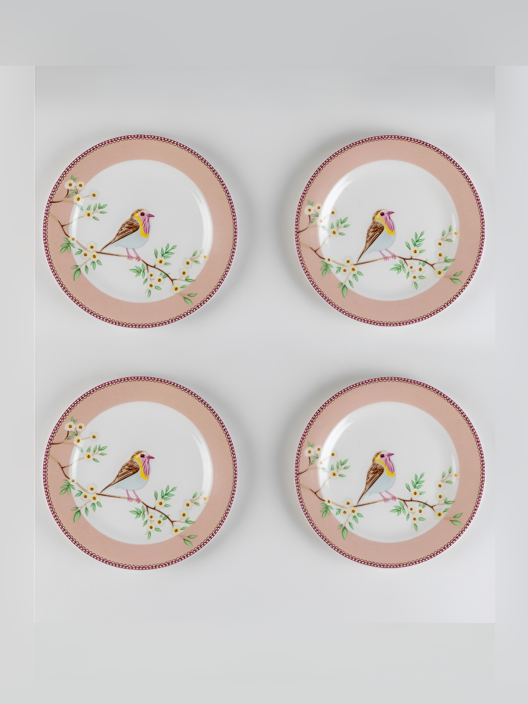 GOLDEN QUEEN'S Birdie In Pink 4 Pcs Printed Ceramic Microwave Safe Plates