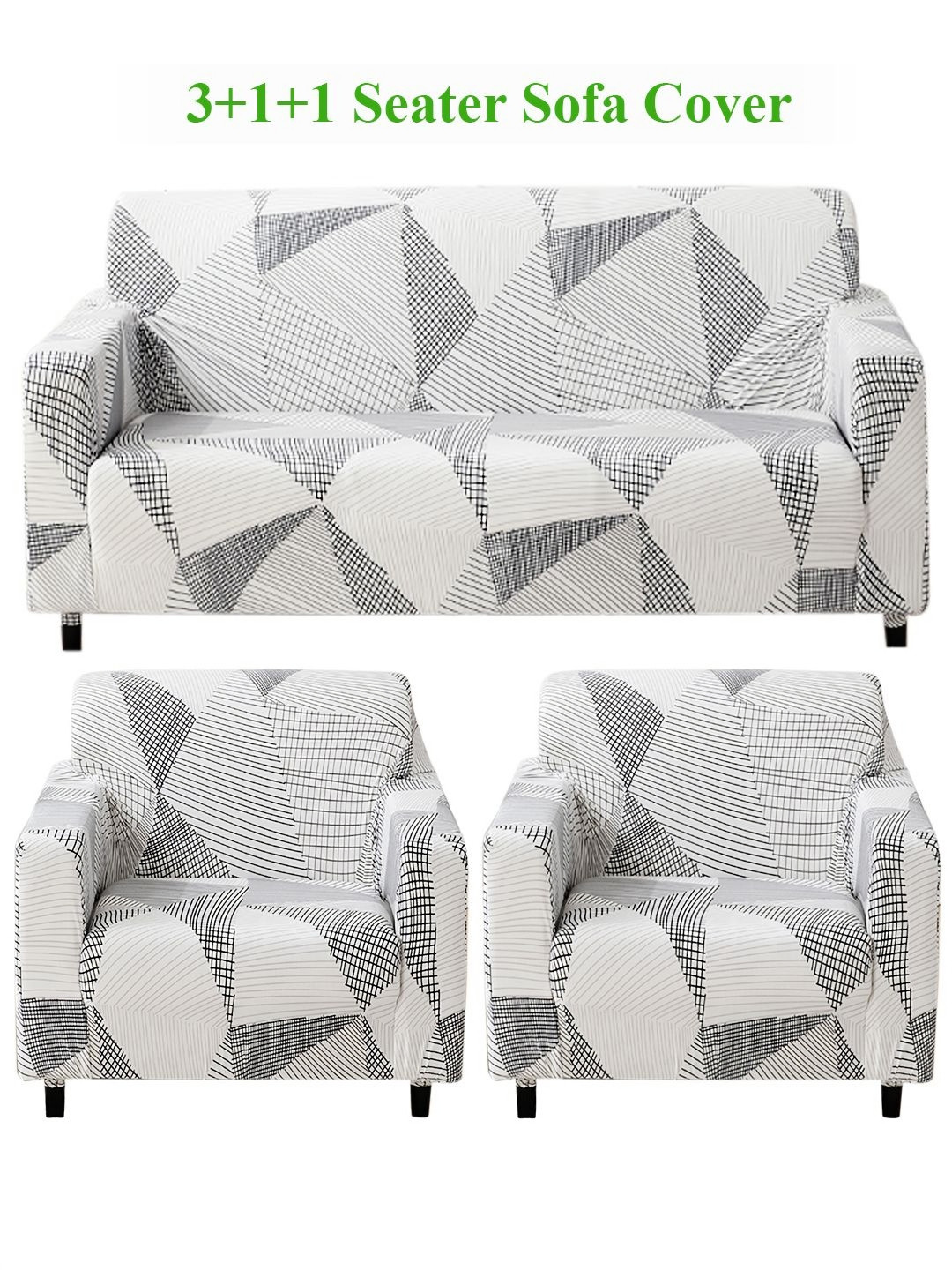 HOKIPO Snow White Black Geometry Print 5 Seater Fully Covered Sofa Cover