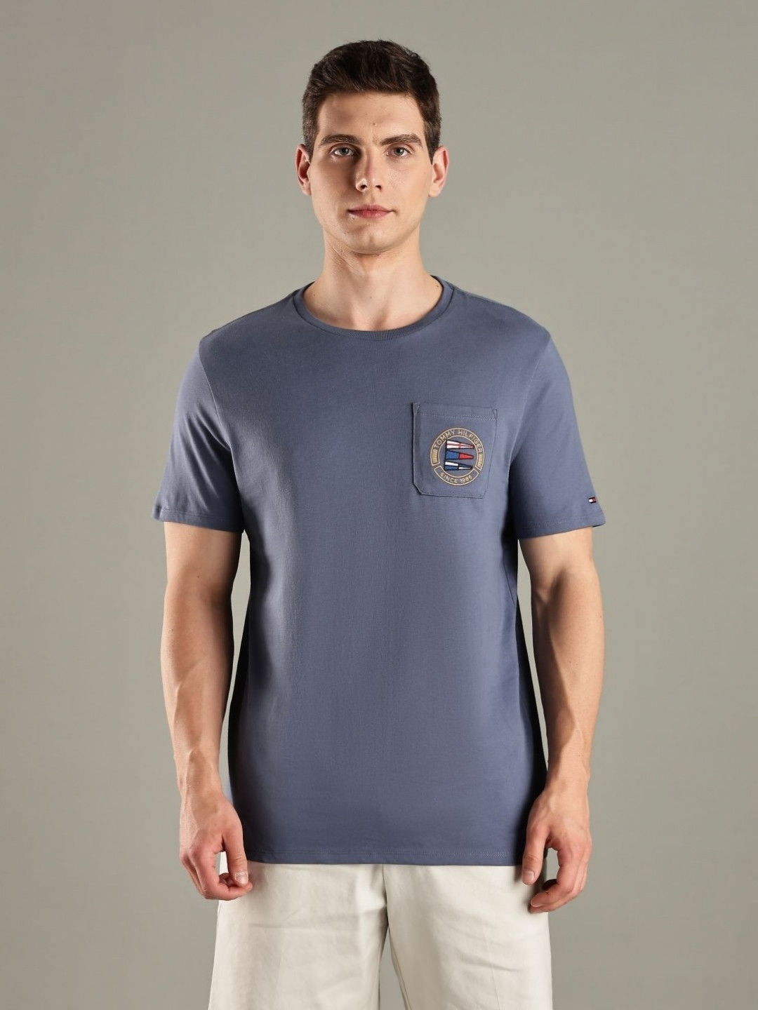 Tommy Hilfiger Brand Logo Embroidered Round Neck Pocket Detail Pure Cotton T-Shirt