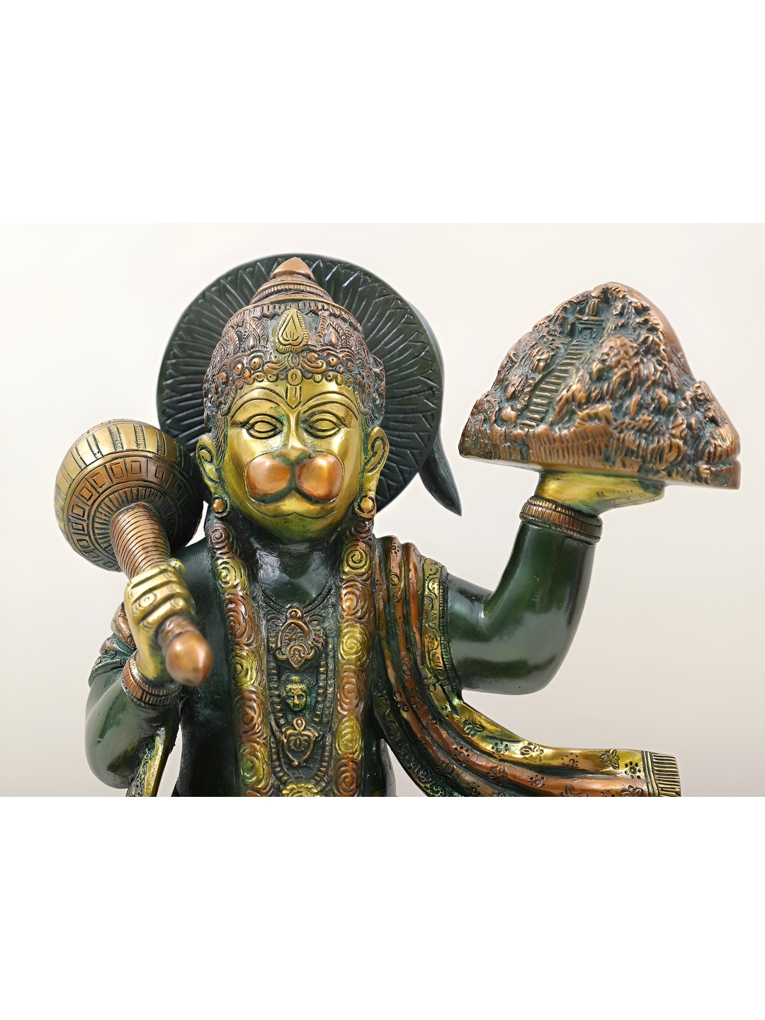 Exotic India Lord Hanuman Carrying Sacred Sanjeevani Mountain Green Brass Metallic Prayer Room Medium Showpiece - 15.3 Inches
