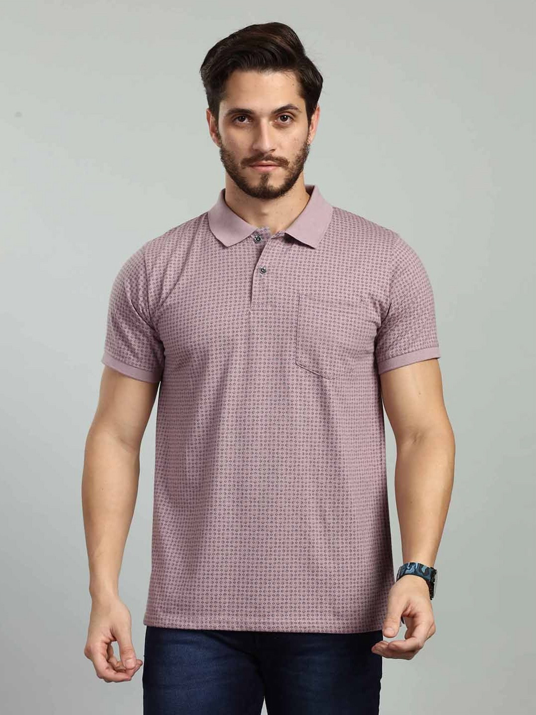 BE POSITIVE Micro Printed Polo Collar Short Sleeves T-shirt