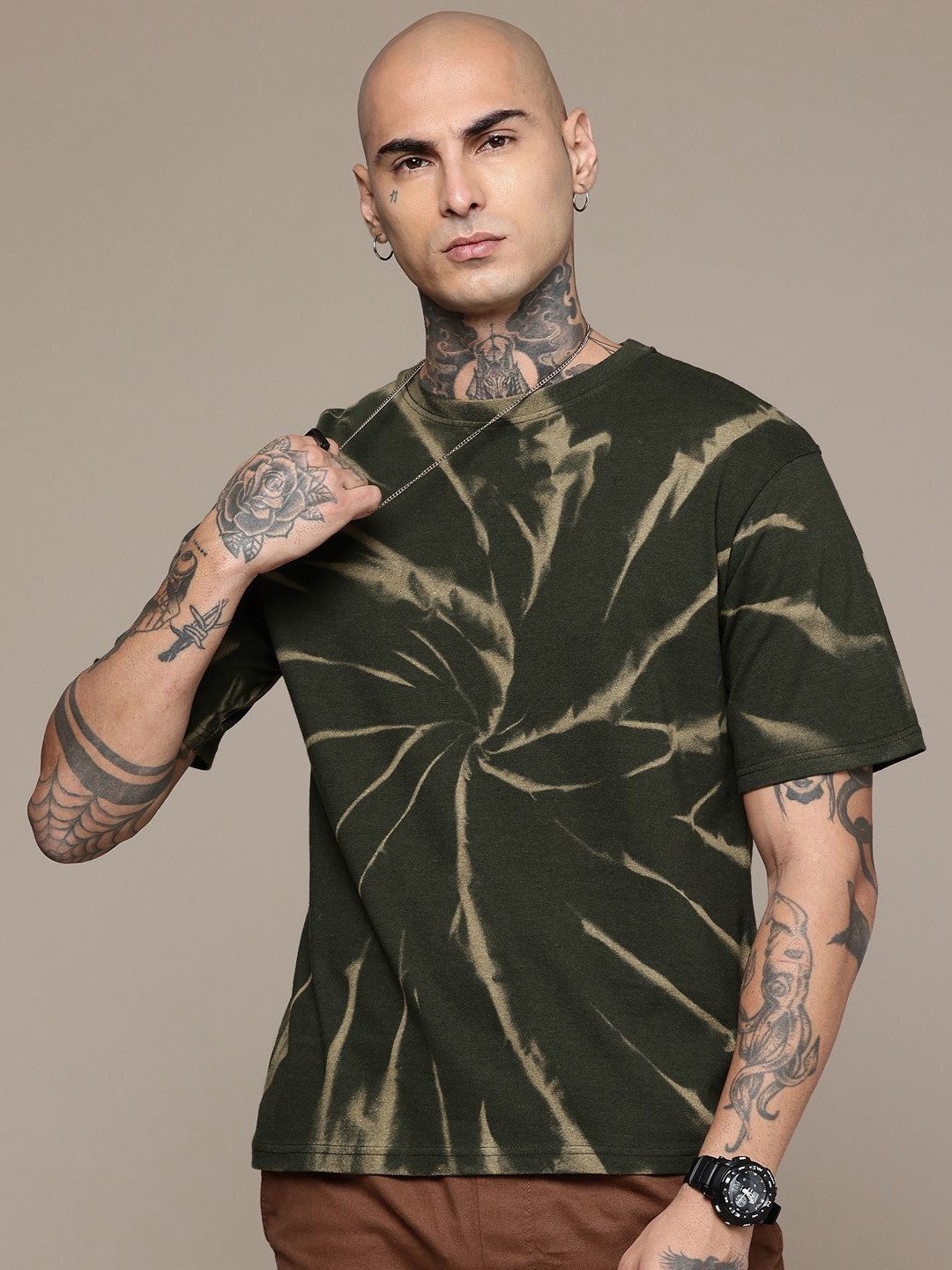 Moda Rapido Washed Effect Tie & Dyed Drop-Shoulder Sleeves Oversized Fit T-shirt