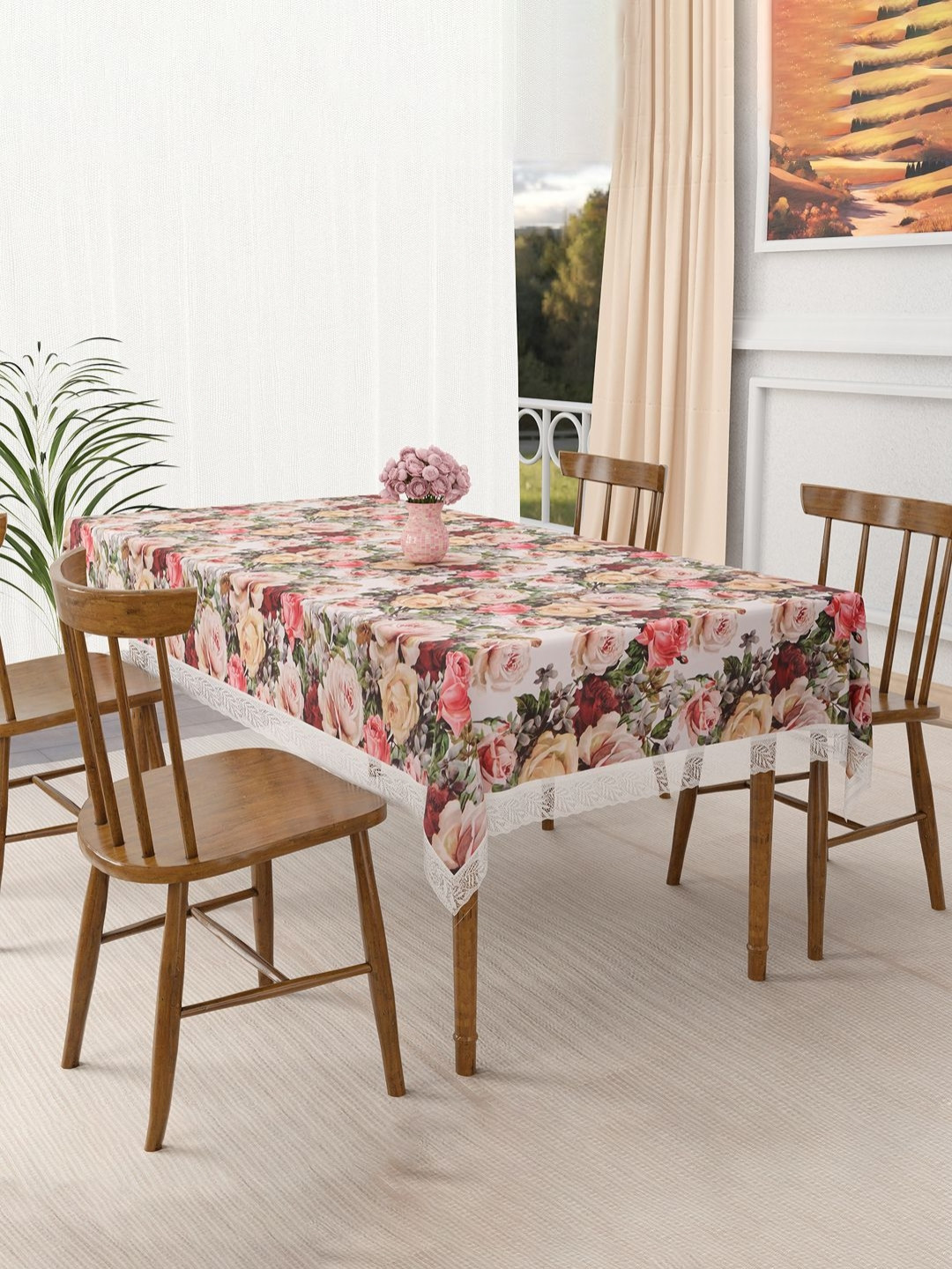 Aura White & Pink Rose Floral Printed 4-Seater Table Cover