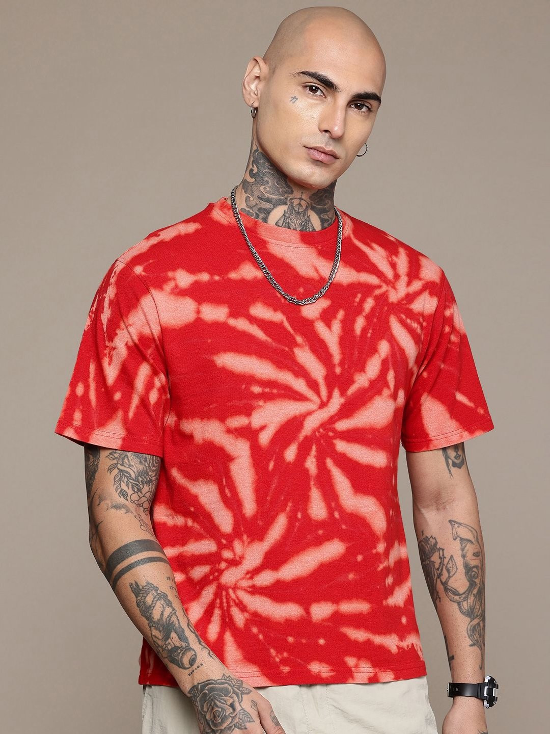 Moda Rapido Washed Effect Tie & Dyed Drop-Shoulder Sleeves Oversized Fit T-shirt