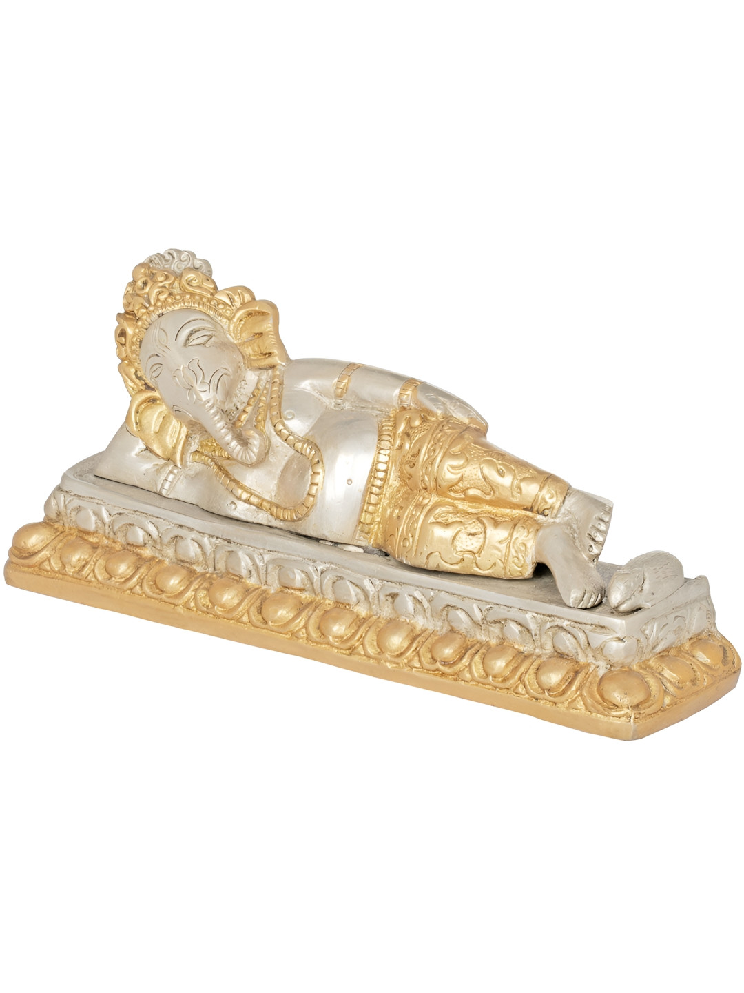 Exotic India Relaxing Ganesha Gold Brass Metallic Living Room Hand Made Medium Showpiece - 3.3 Inches