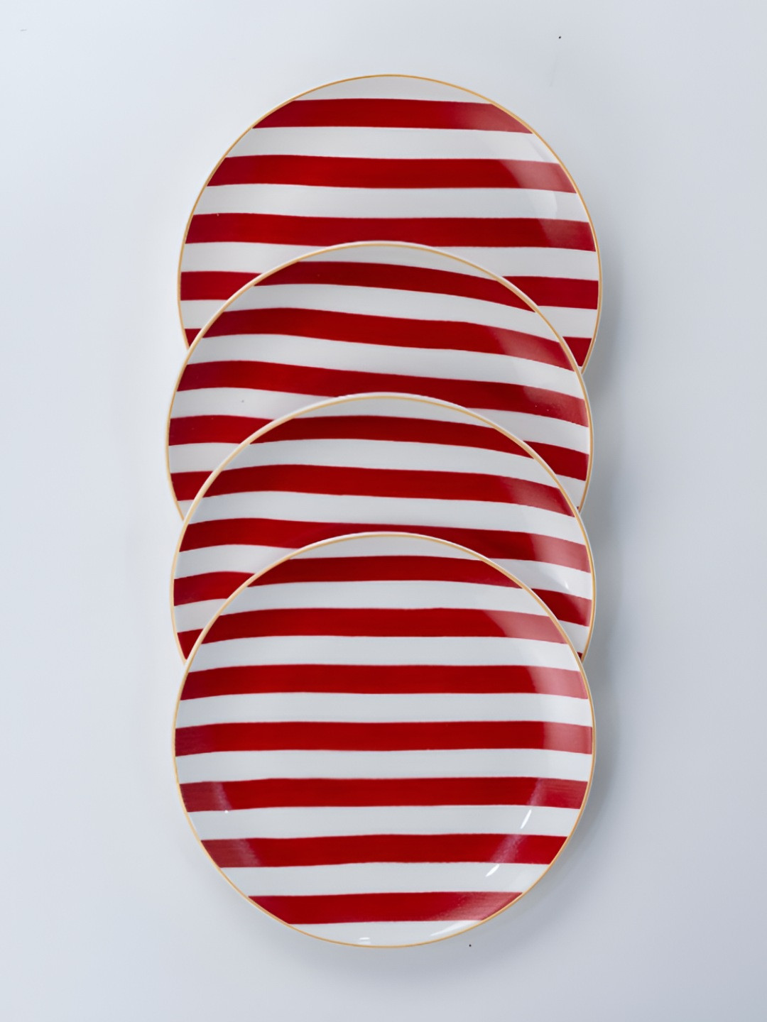 GOLDEN QUEEN'S Red Candy Stripe Red & White 4 Pcs Printed Ceramic Microwave Safe Plates