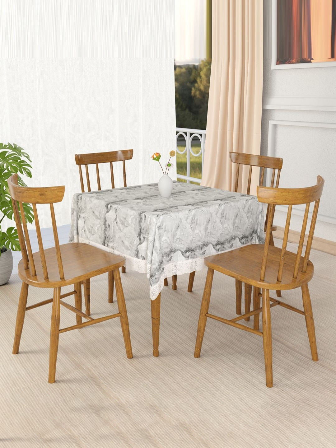Aura Grey & White Marble Printed 4-Seater Table Cover