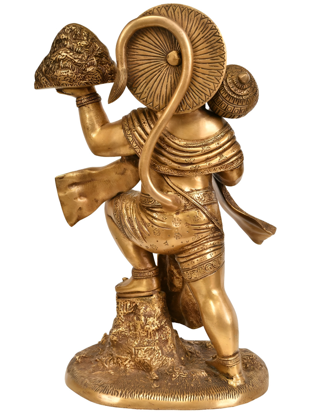 Exotic India Lord Hanuman Carrying Sacred Sanjeevani Mountain Gold Brass Metallic Prayer Room Medium Showpiece - 15 Inches