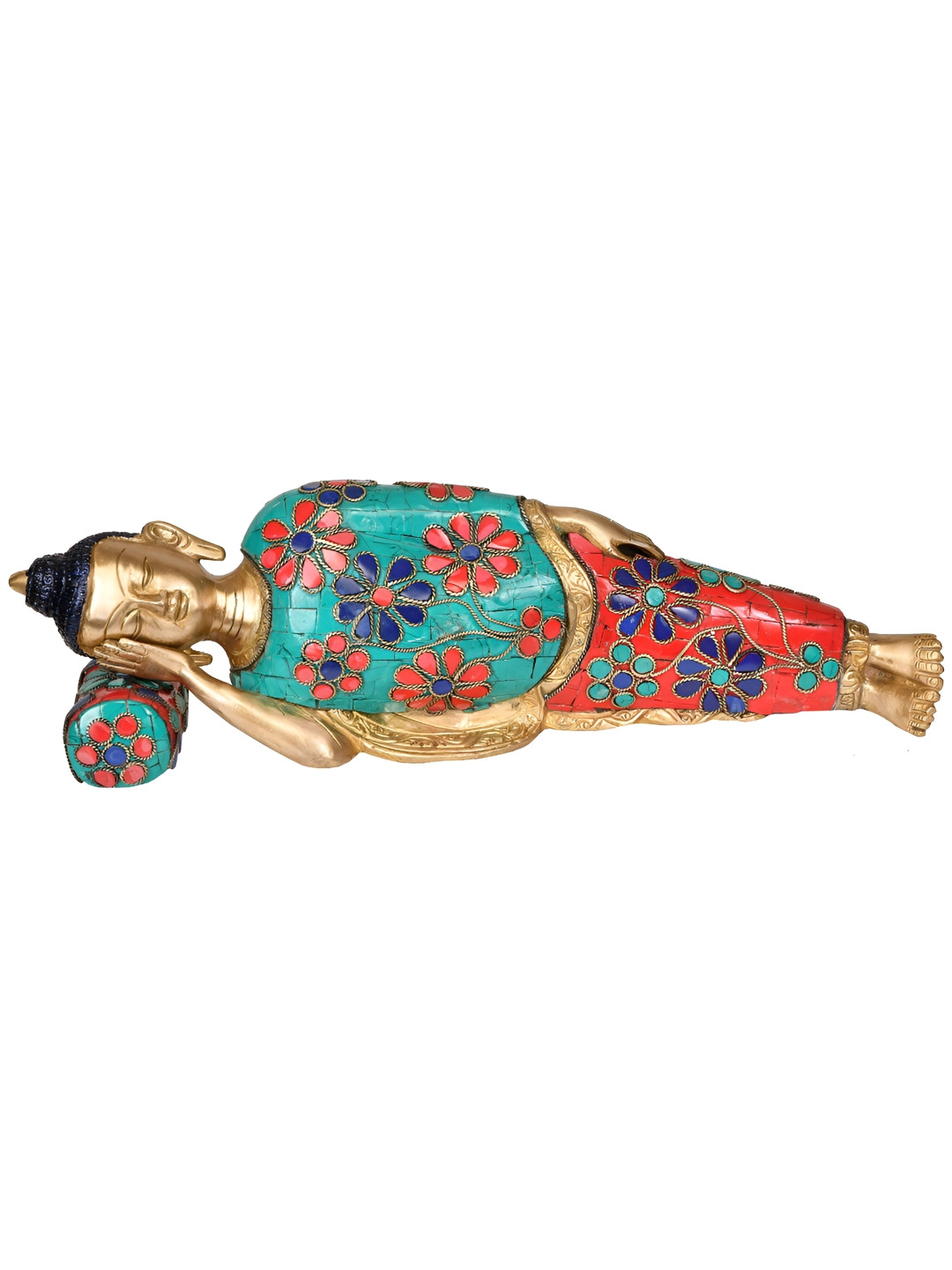 Exotic India Maha Parinirvana Buddha Gold Brass Metallic Living Room Hand Made Small Showpiece - 4.3 Inches