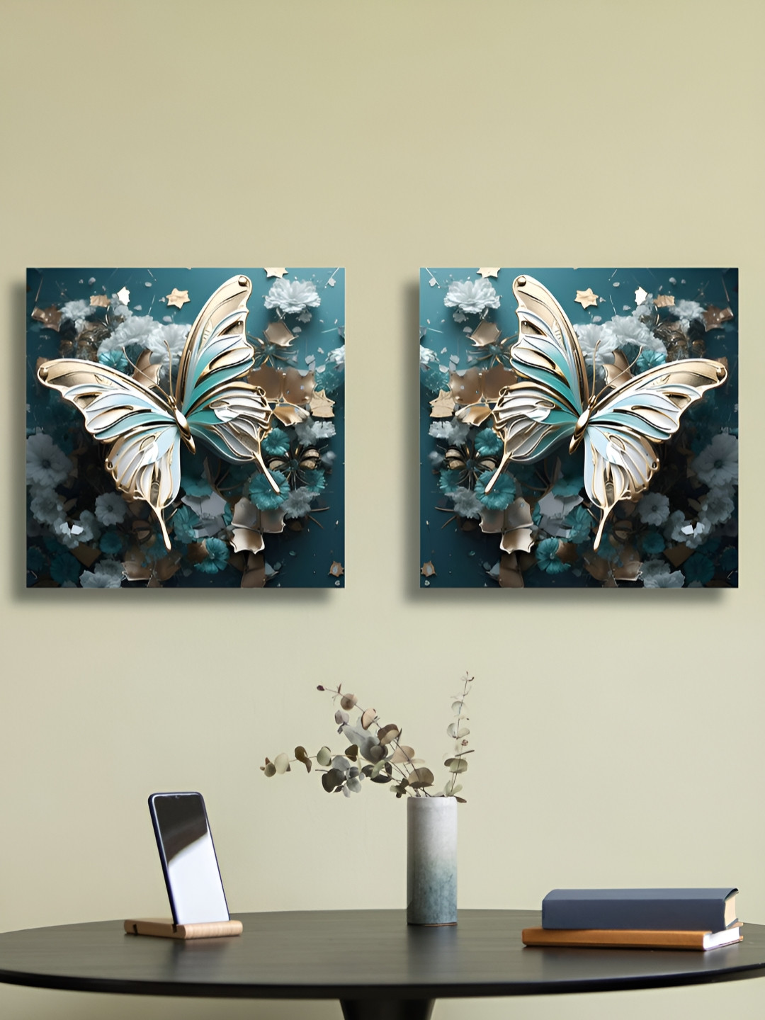 RANDOM 2 Pieces Blue & Gold Birds & Animals Canvas Wall Art
