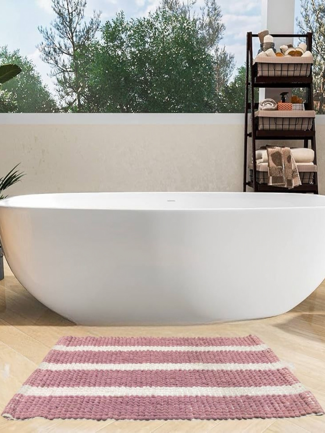 Dolce Casa Pink & White Striped Pure Cotton Chenille 100GSM Soft Water Absorbing Bath Rug