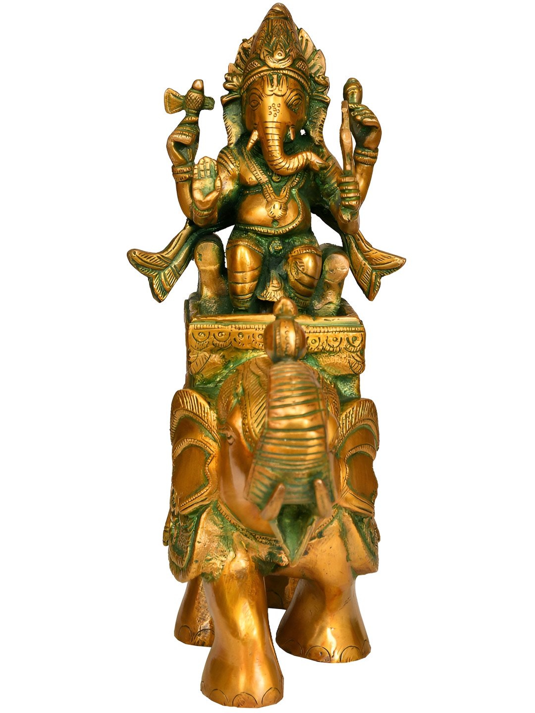 Exotic India Lord Ganesha on An Elephant Yellow Brass Metallic Prayer Room Hand Made Medium Showpiece - 11 Inches