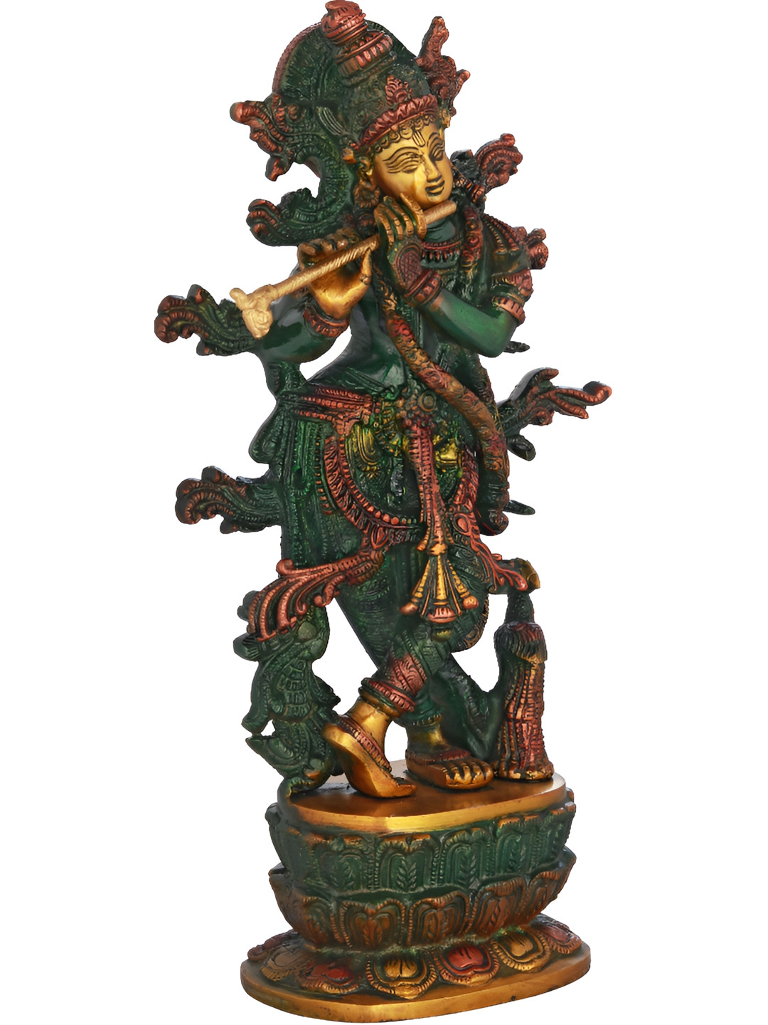 Exotic India Lord Krishna Idol Playing Flute Green Brass Metallic Prayer Room Hand Made Medium Showpiece - 12 Inches