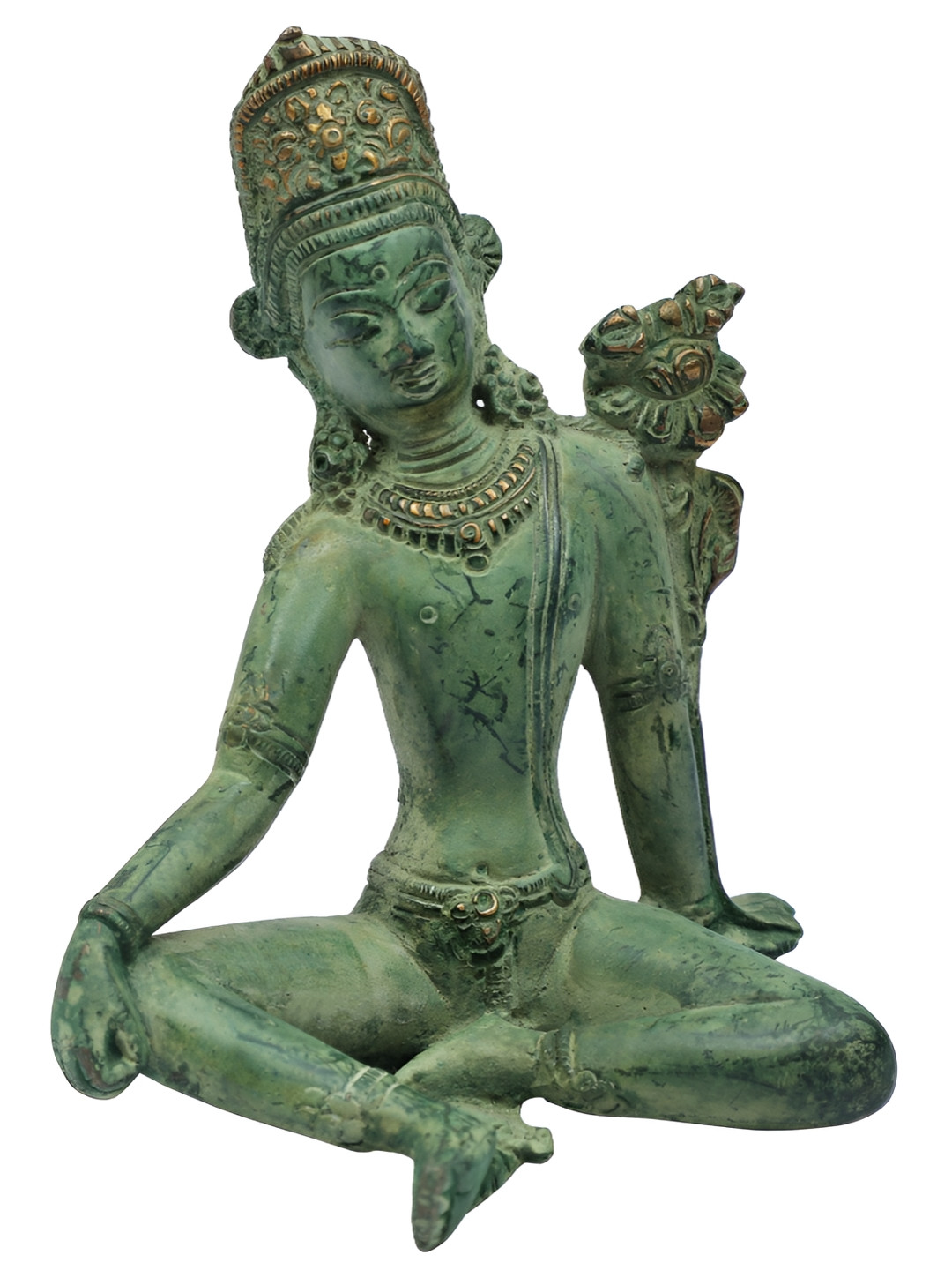Exotic India Lord indra Green Brass Metallic Prayer Room Hand Made Small Showpiece - 5.3 Inches