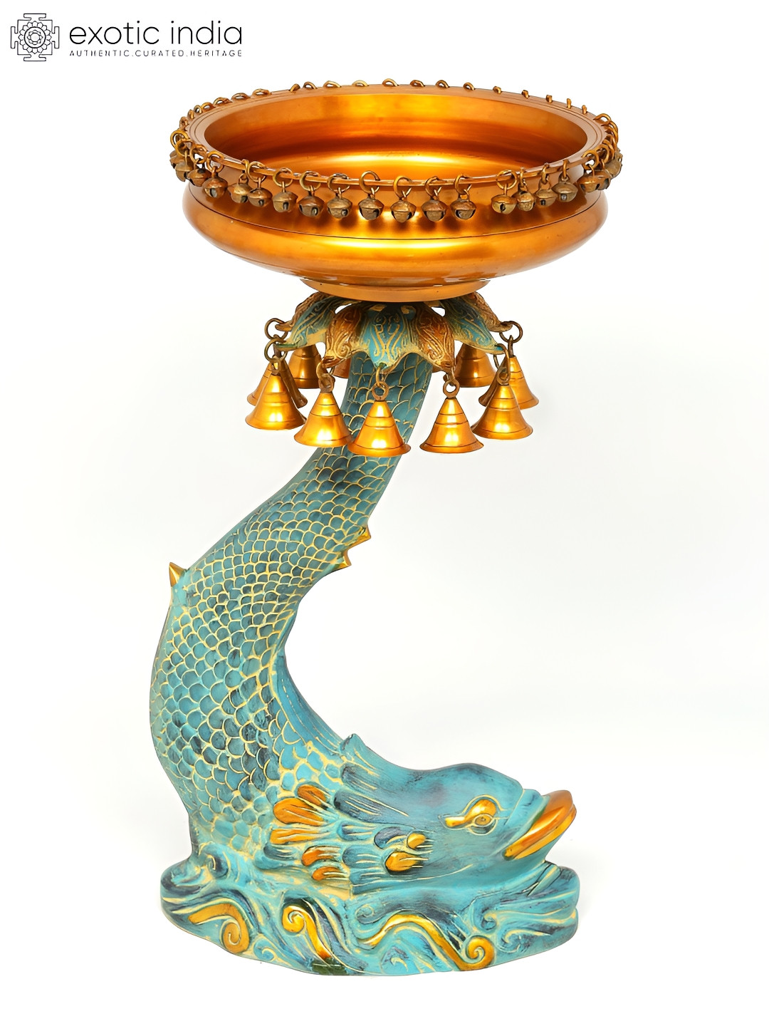 Exotic India Urli Bowl on Fish Stand with Hanging Bells Gold Brass Metallic Garden Medium Showpiece - 24.5 Inches