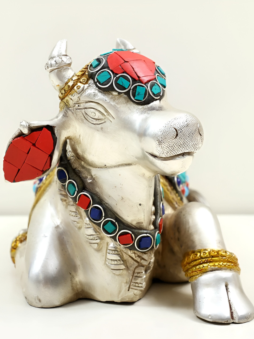 Exotic India Nandi The Mount of Lord Shiva Silver Brass Metallic Prayer Room Hand Made Small Showpiece - 4.8 Inches