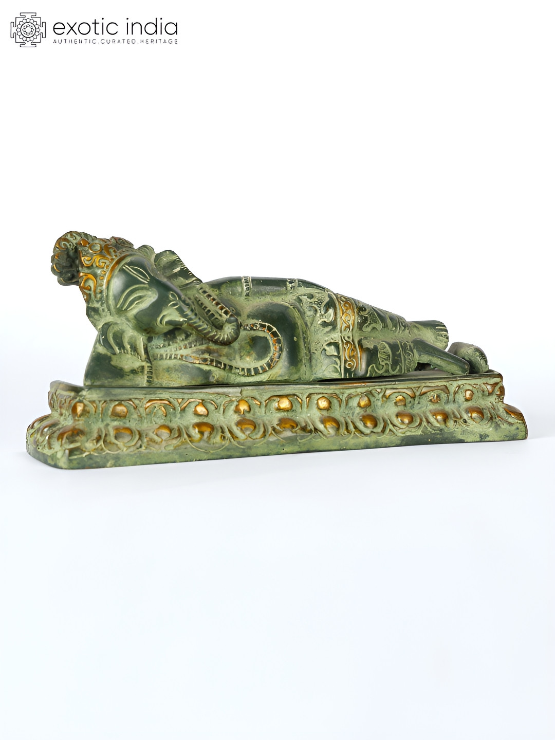 Exotic India Horse Cart Green Brass Metallic Prayer Room Hand Made Medium Showpiece - 3.3 Inches