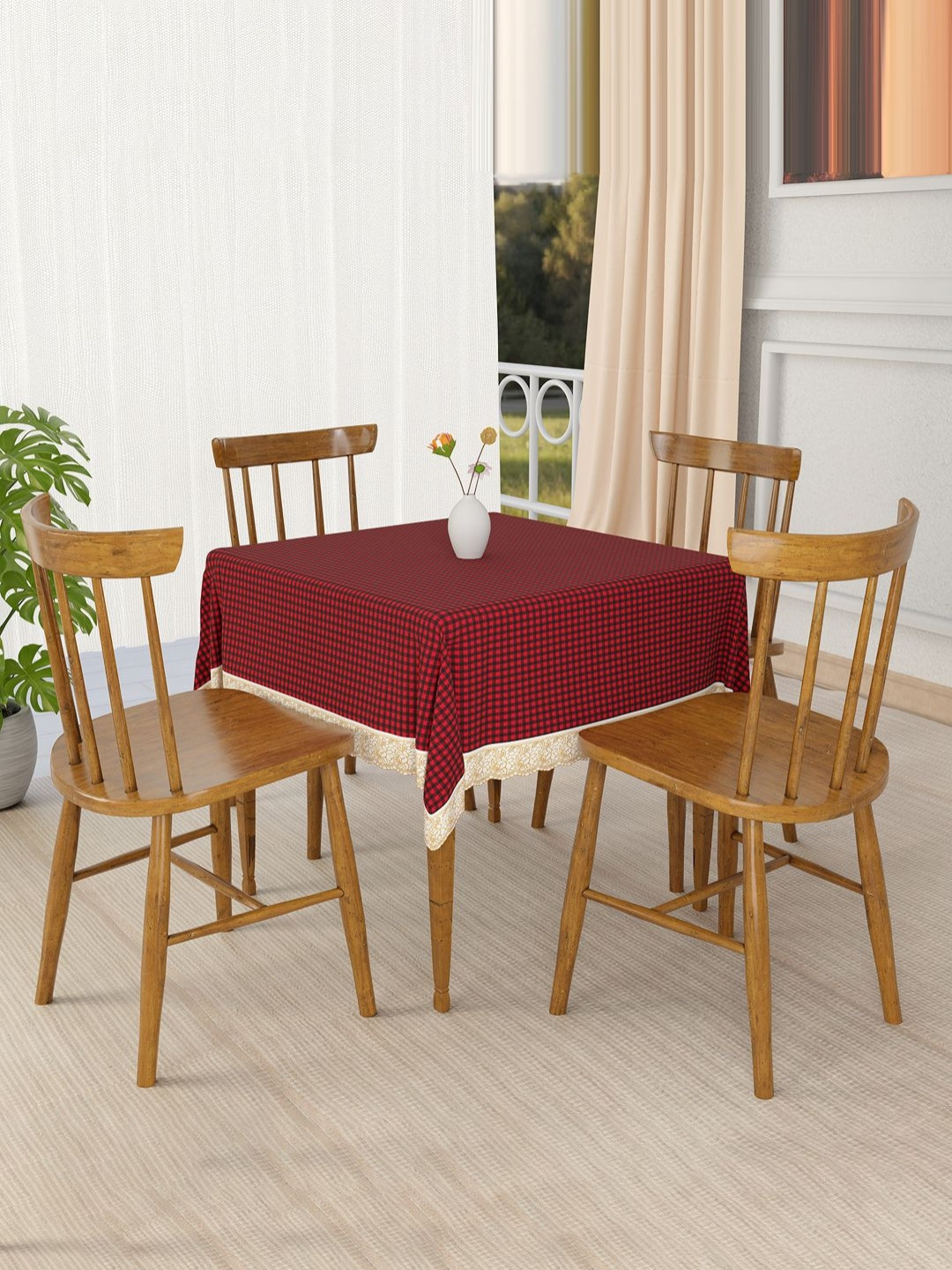 Aura Maroon Checked PVC 4 Seater Waterproof & Dustproof Table Cover