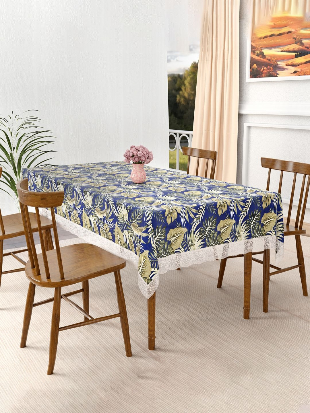 Aura Blue & Green Leaf Printed 4-Seater Table Cover