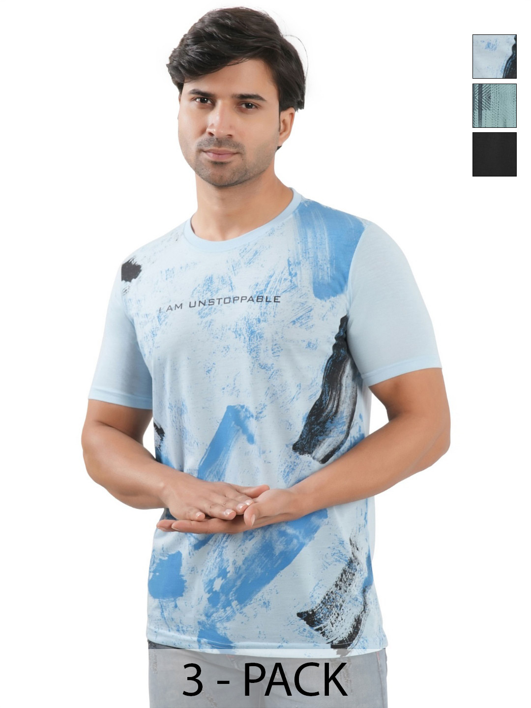 SHAUN Men Pack of 3 Typography Printed Round Neck Slim Fit T-shirts