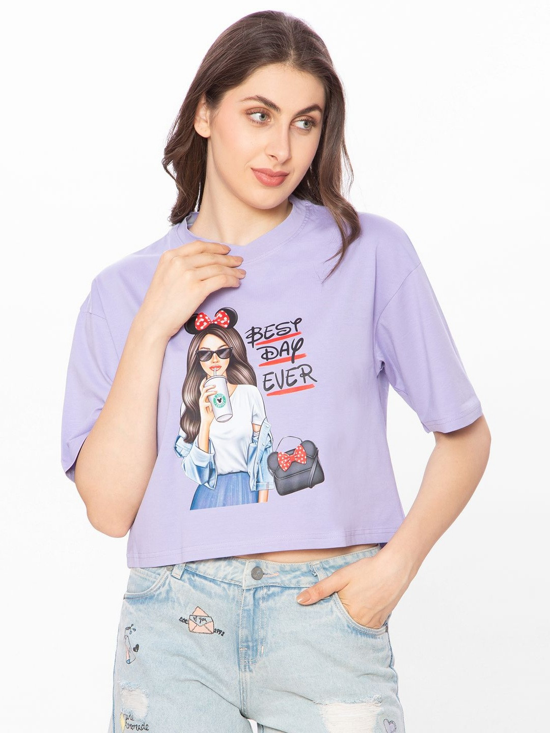 HAUTEMODA Graphic Printed Short Sleeve Regular Fit Crop T-Shirts