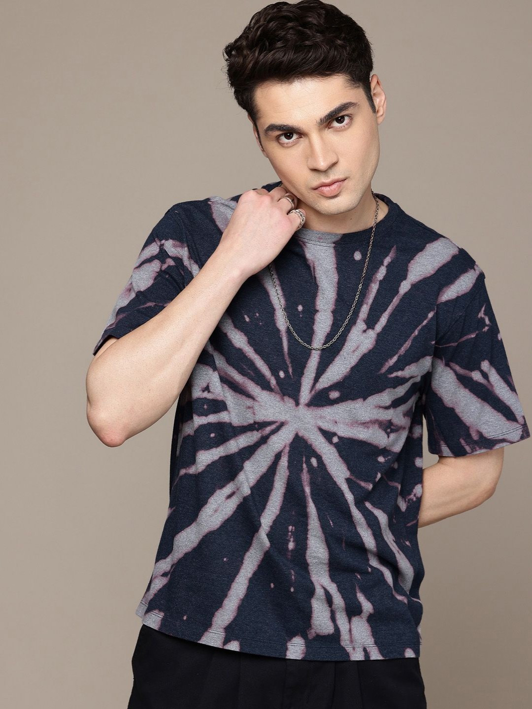 Moda Rapido Washed Effect Tie & Dyed Drop-Shoulder Sleeves Oversized Fit T-shirt