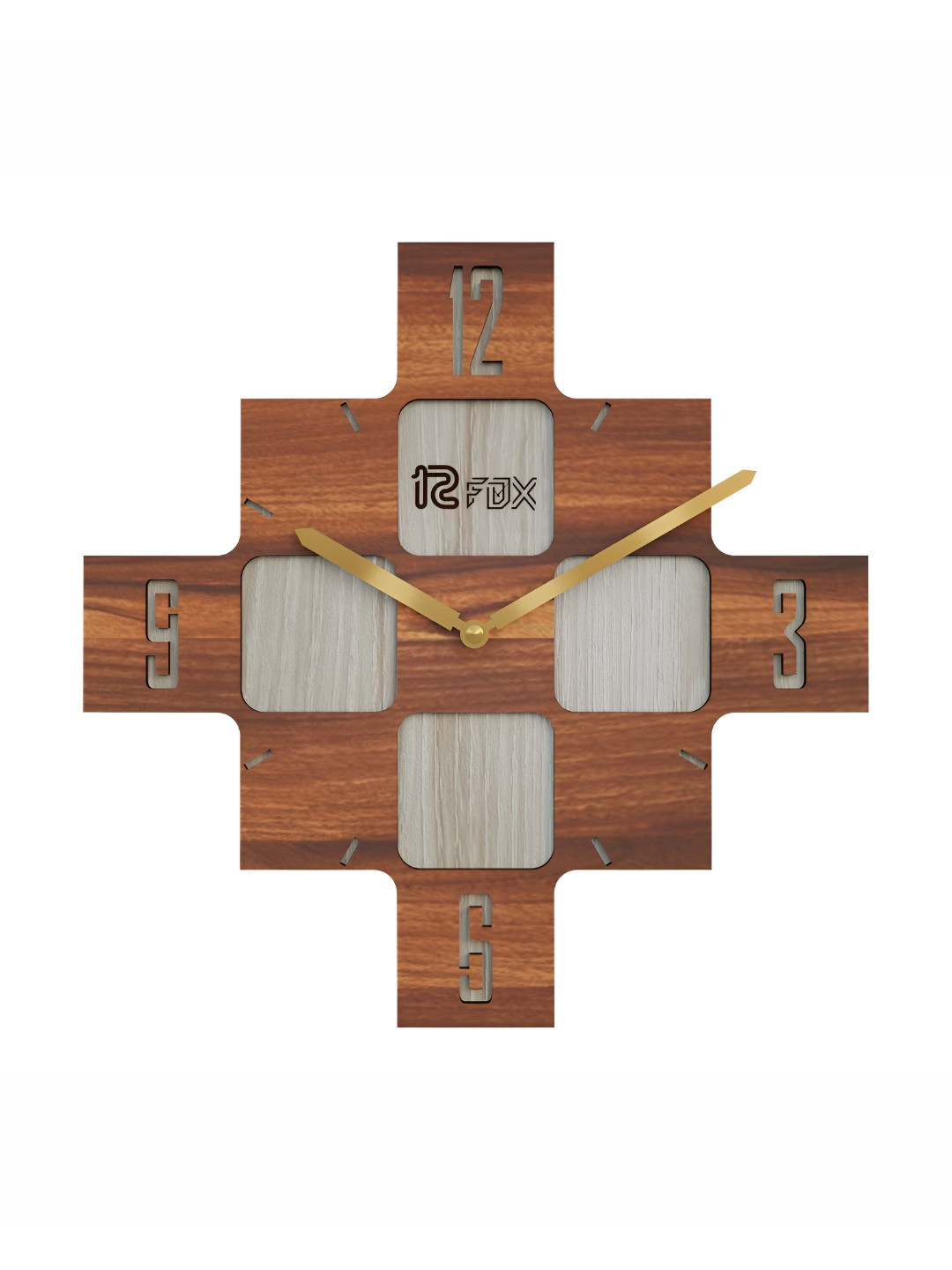 12 fox Brown & Grey Wooden Analogue Wall Clock