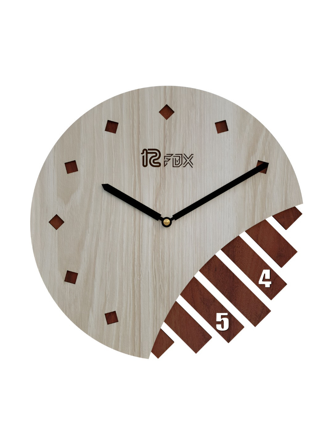 12 fox Off White & Brown Wooden Analogue Wall Clock