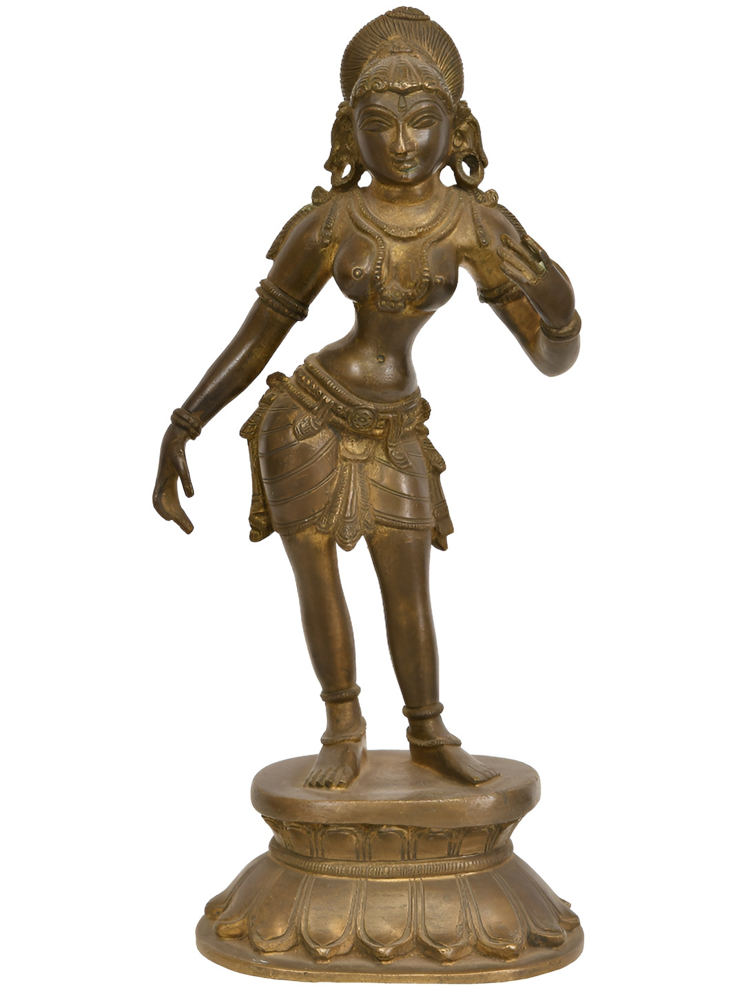Exotic India Standing Apsara Gold Brass Metallic Living Room Hand Made Medium Showpiece - 11 Inches