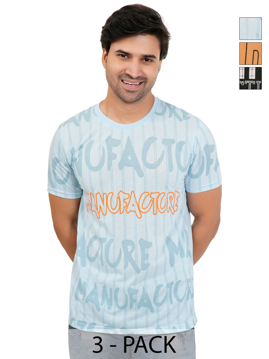 SHAUN Pack Of 3 Typography Printed Round Neck T-shirt