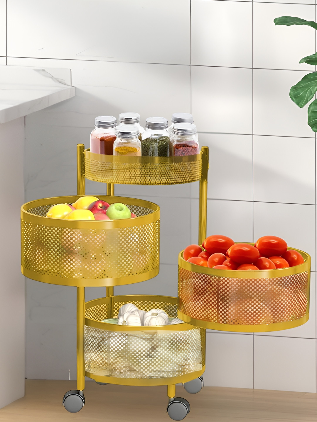 Go Hooked Storage Rack Golden 4 Layer Metal Trolley Rack with Wheels