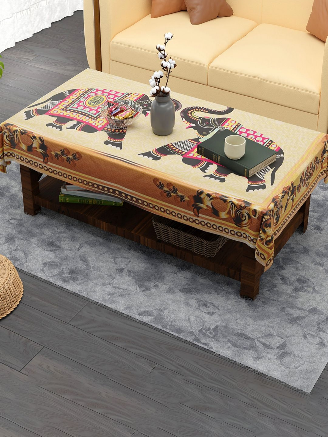 Aura Gold-Toned Hathi Printed 4-Seater Jute Table Cover