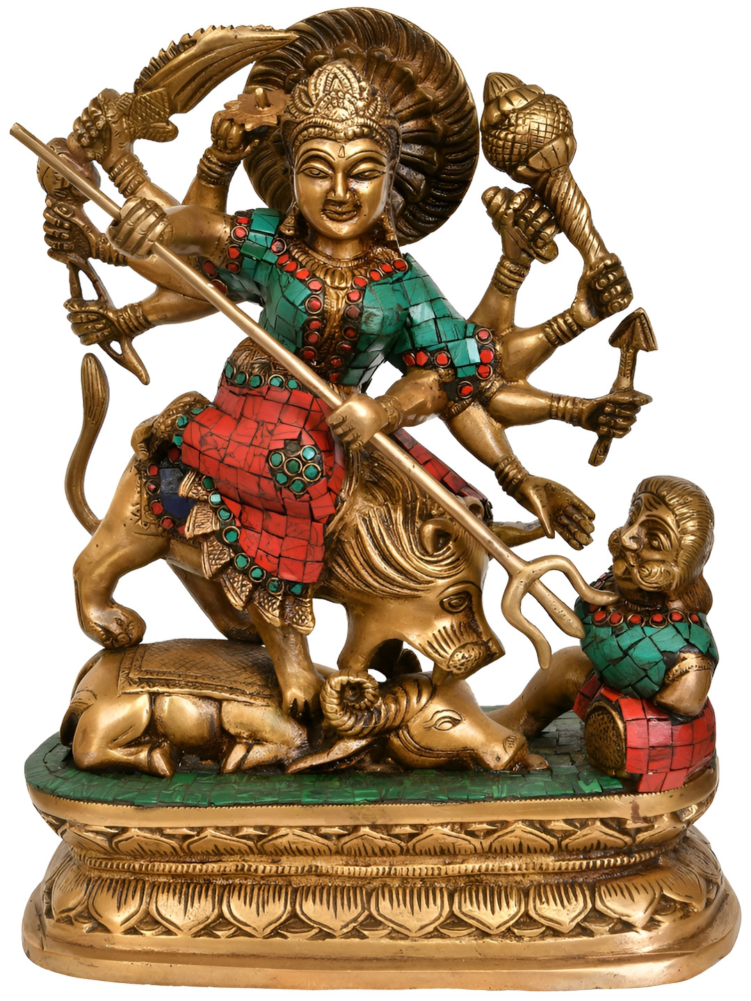 Exotic India Mahishasura-Mardini Goddess Durga Gold Brass Metallic Prayer Room Hand Made Medium Showpiece - 13.3 Inches