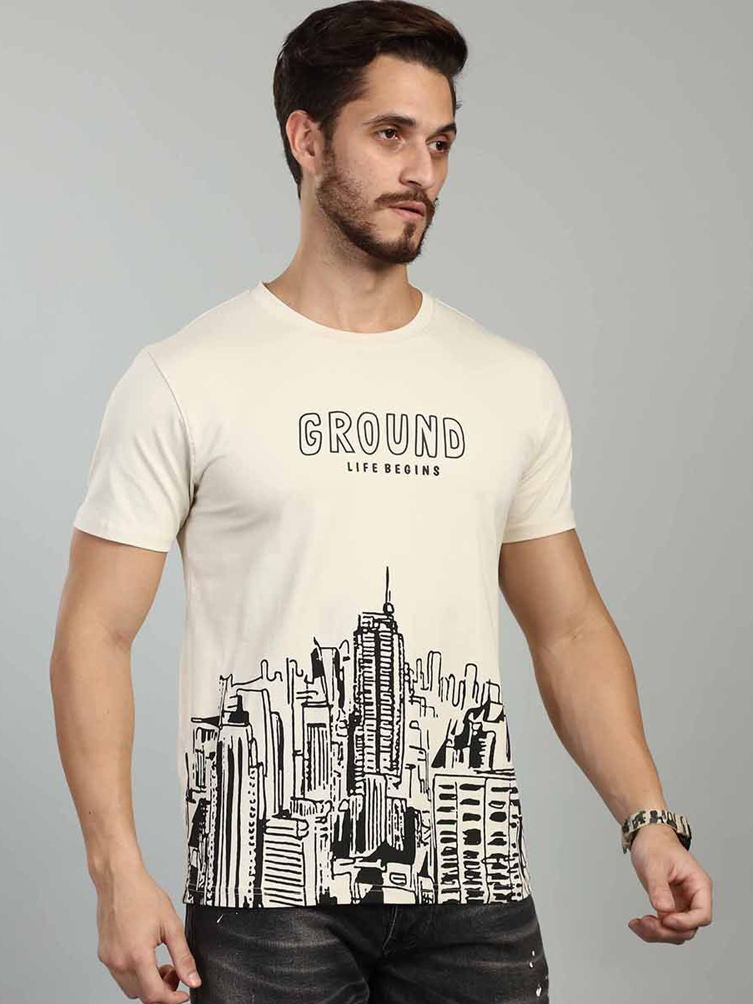 Ground Life Begins Graphic Round Neck Slim Fit T-Shirt