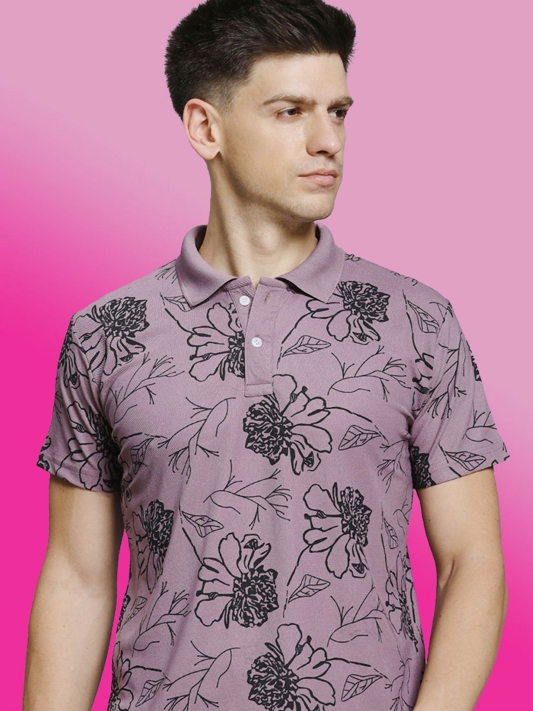 STELVIN Floral Printed Polo Collar Short Sleeves Cotton T-shirt