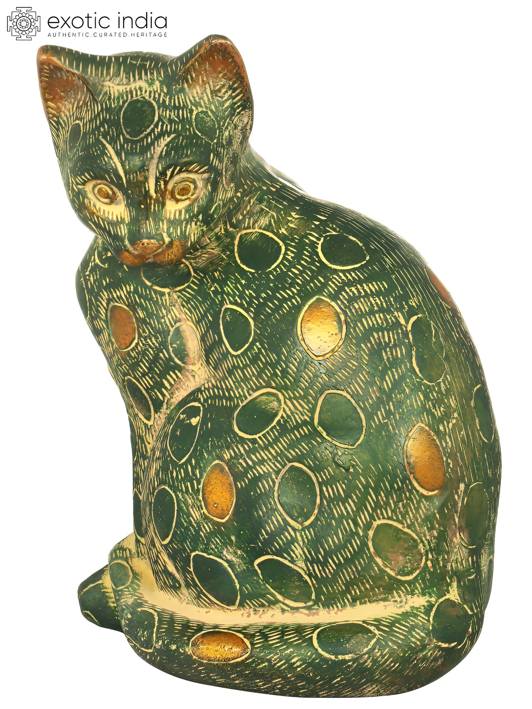 Exotic India Cat Green Brass Metallic Living Room Hand Made Small Showpiece - 8 Inches
