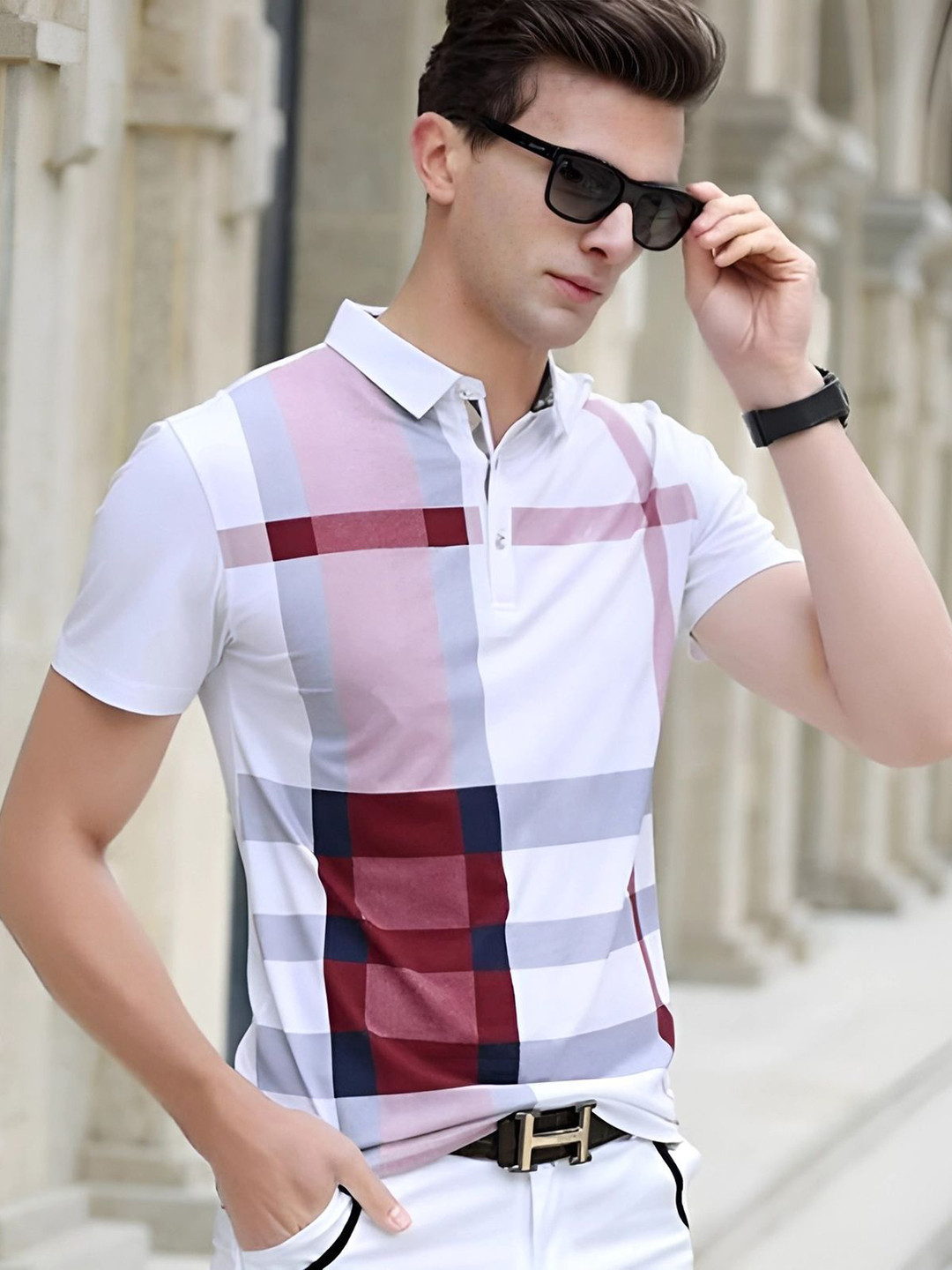 TAZO Checked Polo Collar Cotton T-shirt