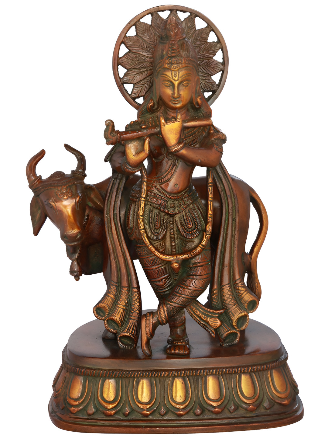 Exotic India Krishna with Cow Brown Brass Metallic Prayer Room Hand Made Medium Showpiece - 10 Inches