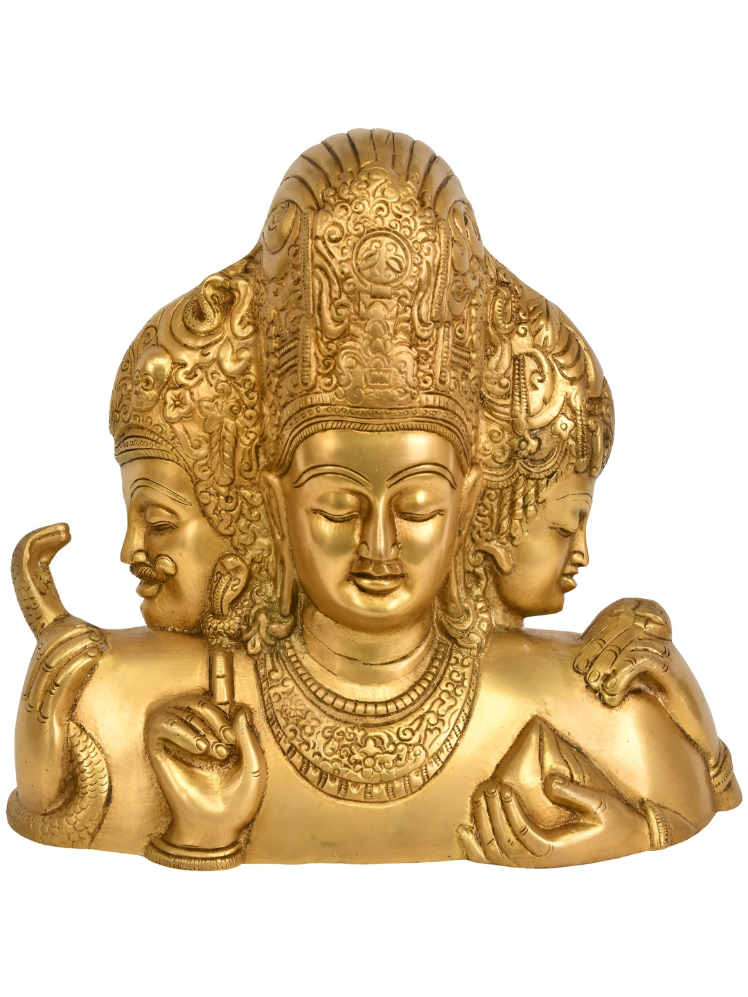 Exotic India Trimurti From Elephanta Brahma, Vishnu and Mahesha Gold Brass Metallic Prayer Room Hand Made Medium Showpiece - 9.5 Inches