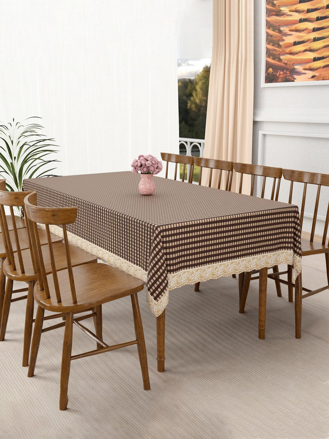 Aura Brown Striped PVC Waterproof & Dustproof 8 Seater Dining Table Cover