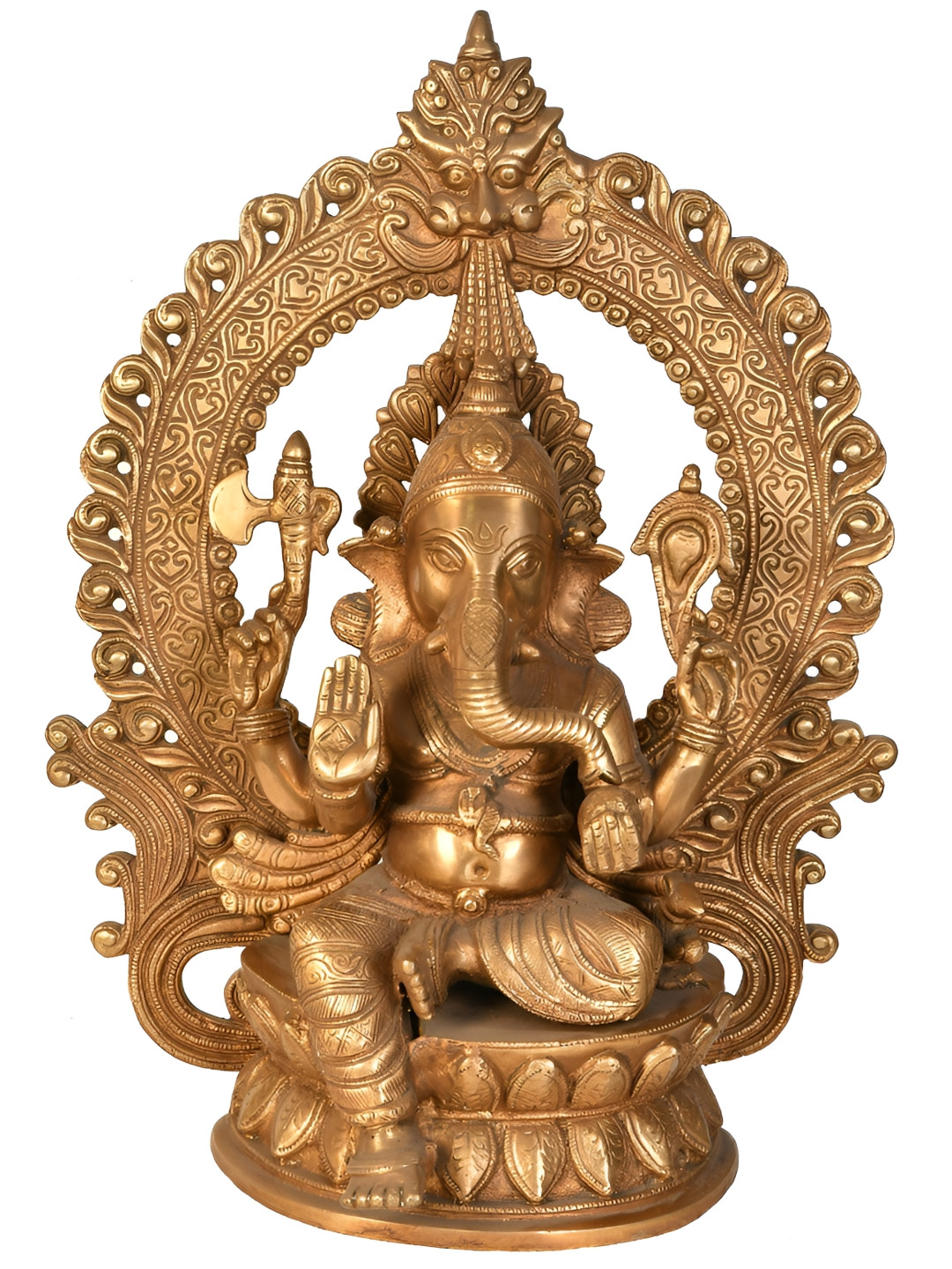 Exotic India Lord Ganesha Seated On Lotus Gold Brass Metallic Prayer Room Medium Showpiece - 14.7 Inches